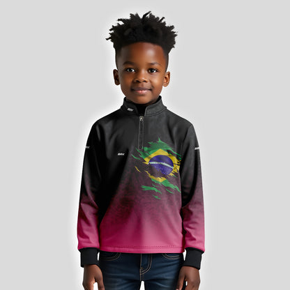 Camisa Infantil Agro Brk Camuflado Preto e Rosa Bandeira do Brasil com Proteção Solar UV50+