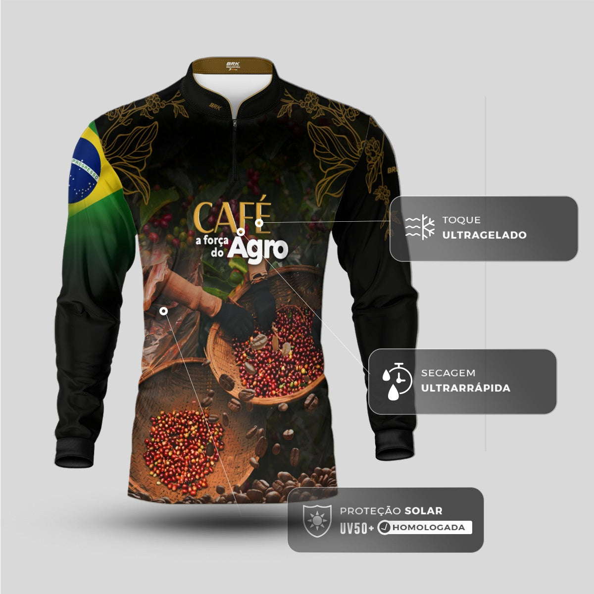 Camisa Agro Brk A Força do Agro Café com Proteção UV50+ - Brk Agro