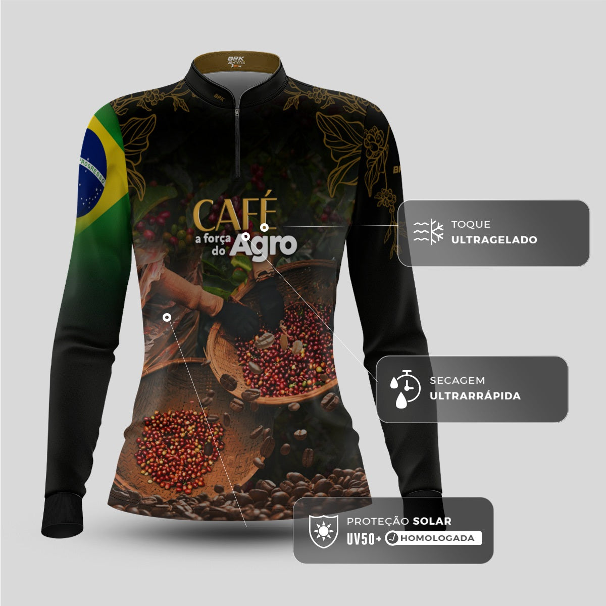 Camisa Agro Feminina Brk A Força do Agro Café com Proteção UV50+ - Brk Agro