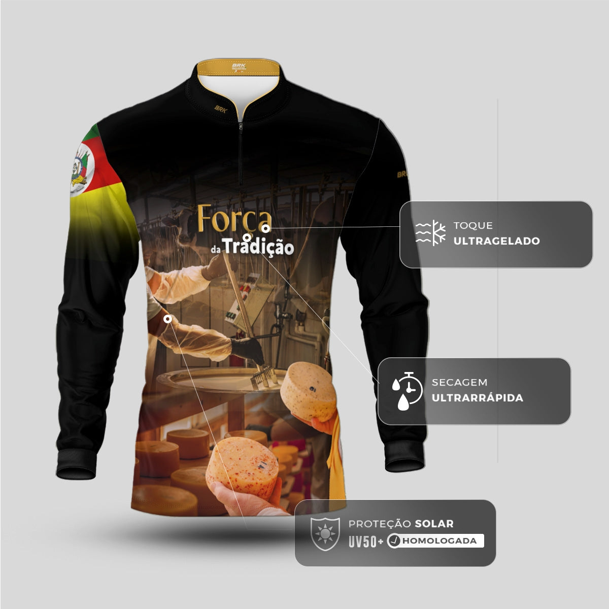 Camisa Agro Brk A Força da Tradição Produção de Queijo RS com Proteção UV50+ - Brk Agro
