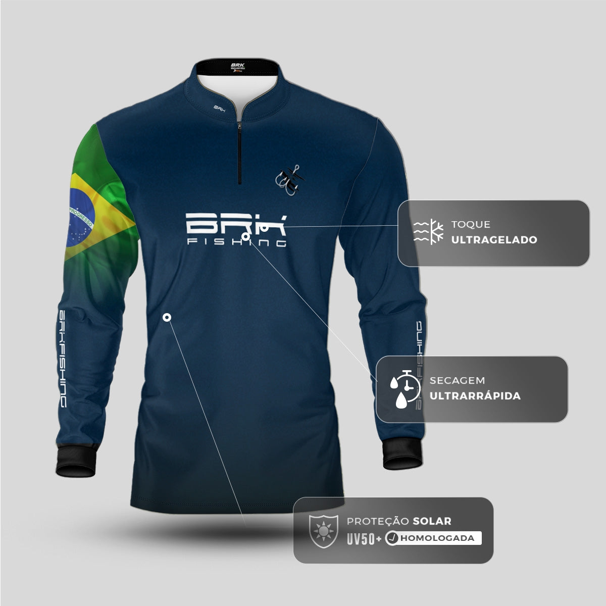 Camisa de Pesca Brk Azul Bandeira do Brasil Garateia com Proteção UV50+ - Brk Agro