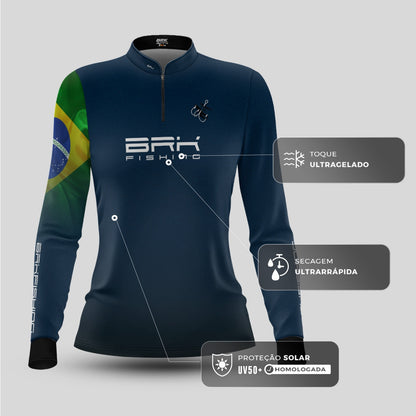 Camisa de Pesca Feminina Brk Azul Bandeira do Brasil Garateia com Proteção UV50+ - Brk Agro