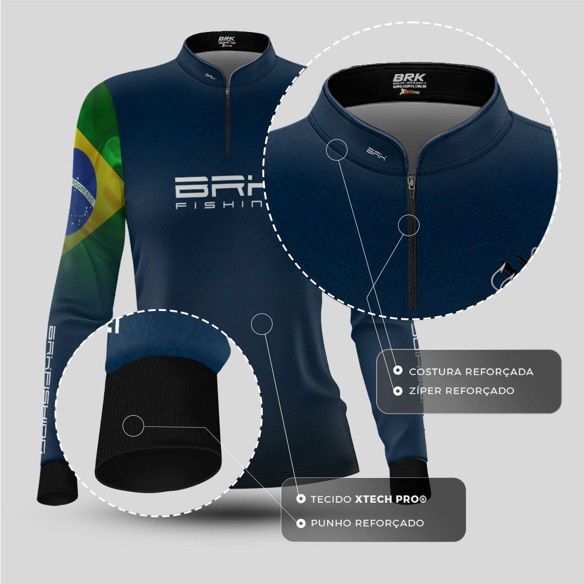 Camisa de Pesca Feminina Brk Azul Bandeira do Brasil Garateia com Proteção UV50+ - Brk Agro
