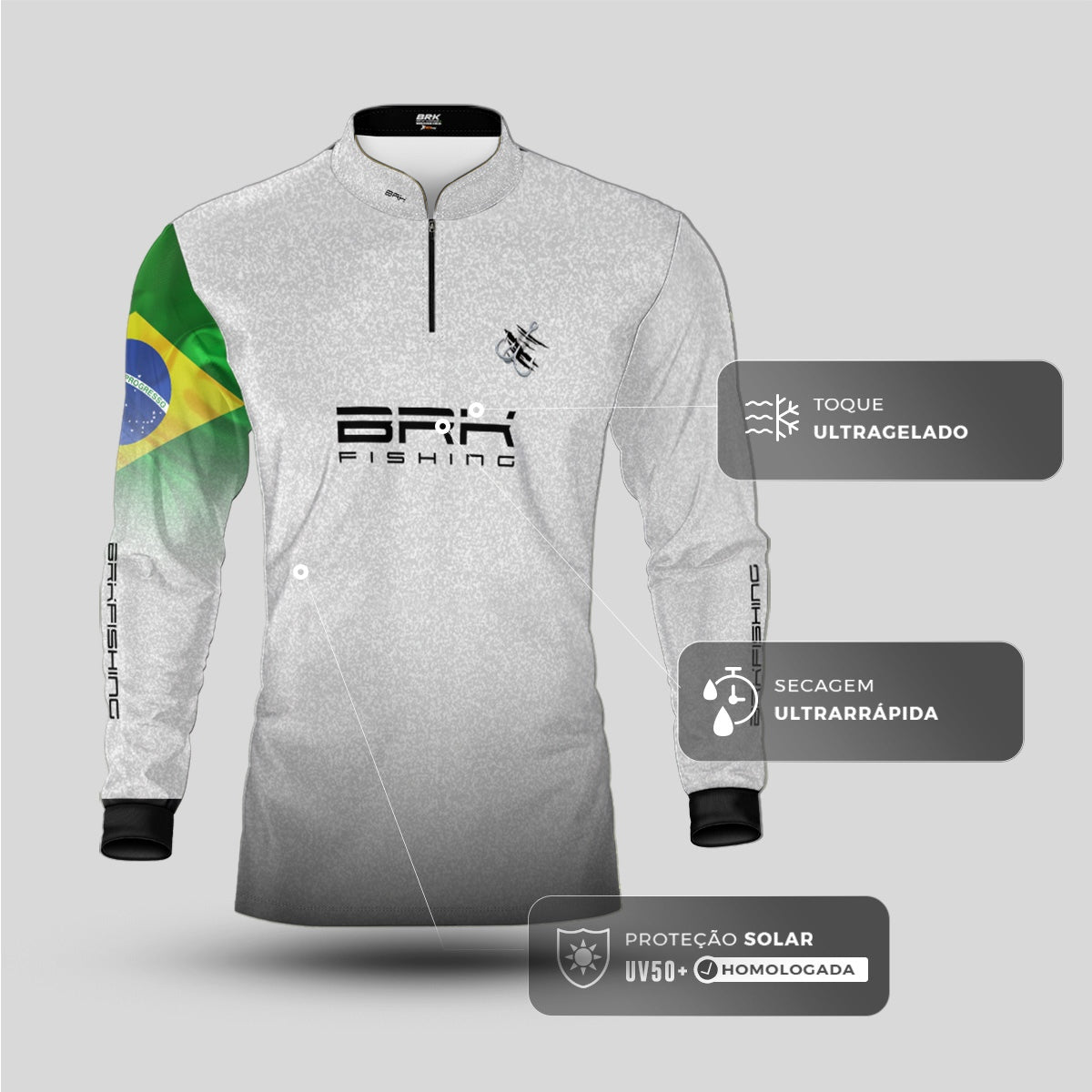 Camisa de Pesca Brk Branca Bandeira do Brasil Garateia com Proteção UV50+ - Brk Agro