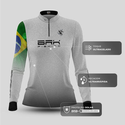 Camisa de Pesca Feminina Brk Branca Bandeira do Brasil Garateia com Proteção UV50+ - Brk Agro