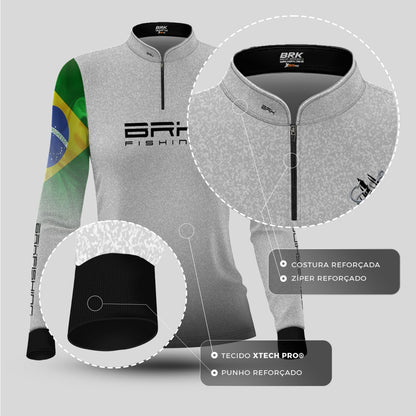 Camisa de Pesca Feminina Brk Branca Bandeira do Brasil Garateia com Proteção UV50+ - Brk Agro