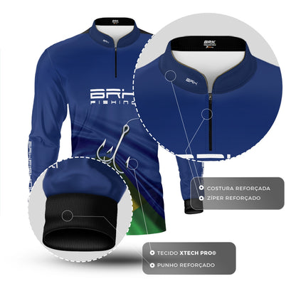 Camisa de Pesca Brk Azul Bandeira do Brasil Garateia com Proteção UV50+ - Brk Agro