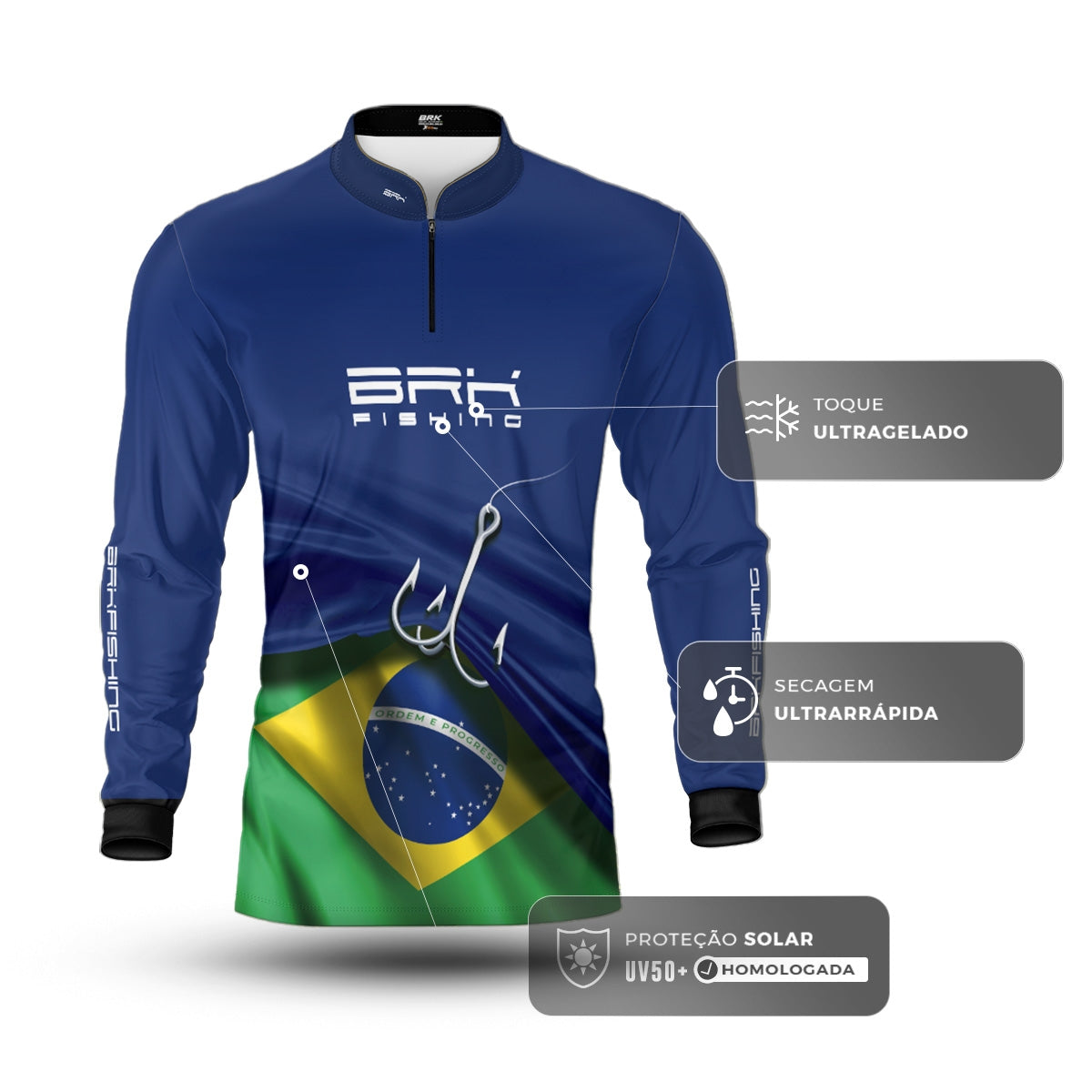 Camisa de Pesca Brk Azul Bandeira do Brasil Garateia com Proteção UV50+ - Brk Agro