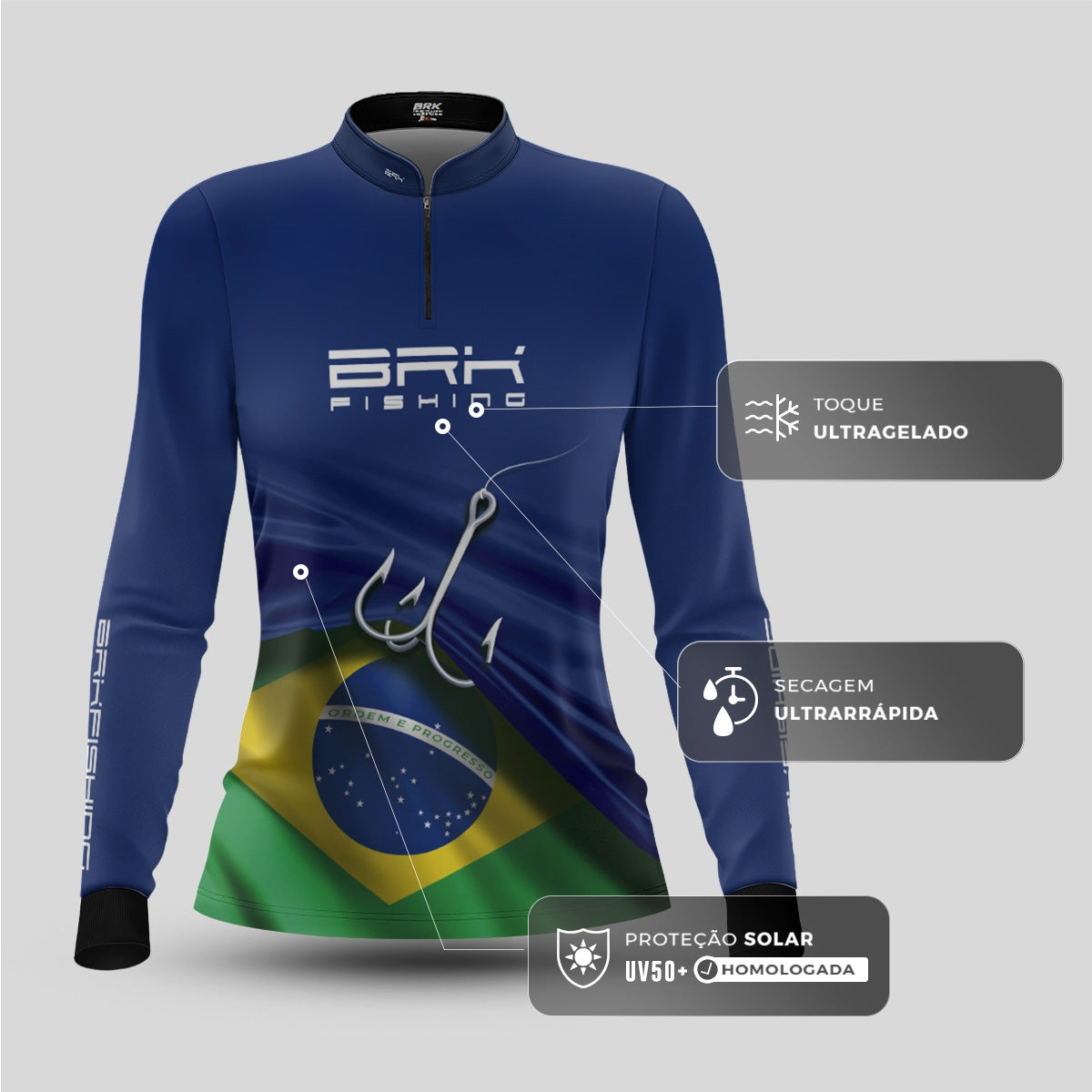 Camisa de Pesca Feminina Brk Azul Bandeira do Brasil Garateia com Proteção UV50+ - Brk Agro