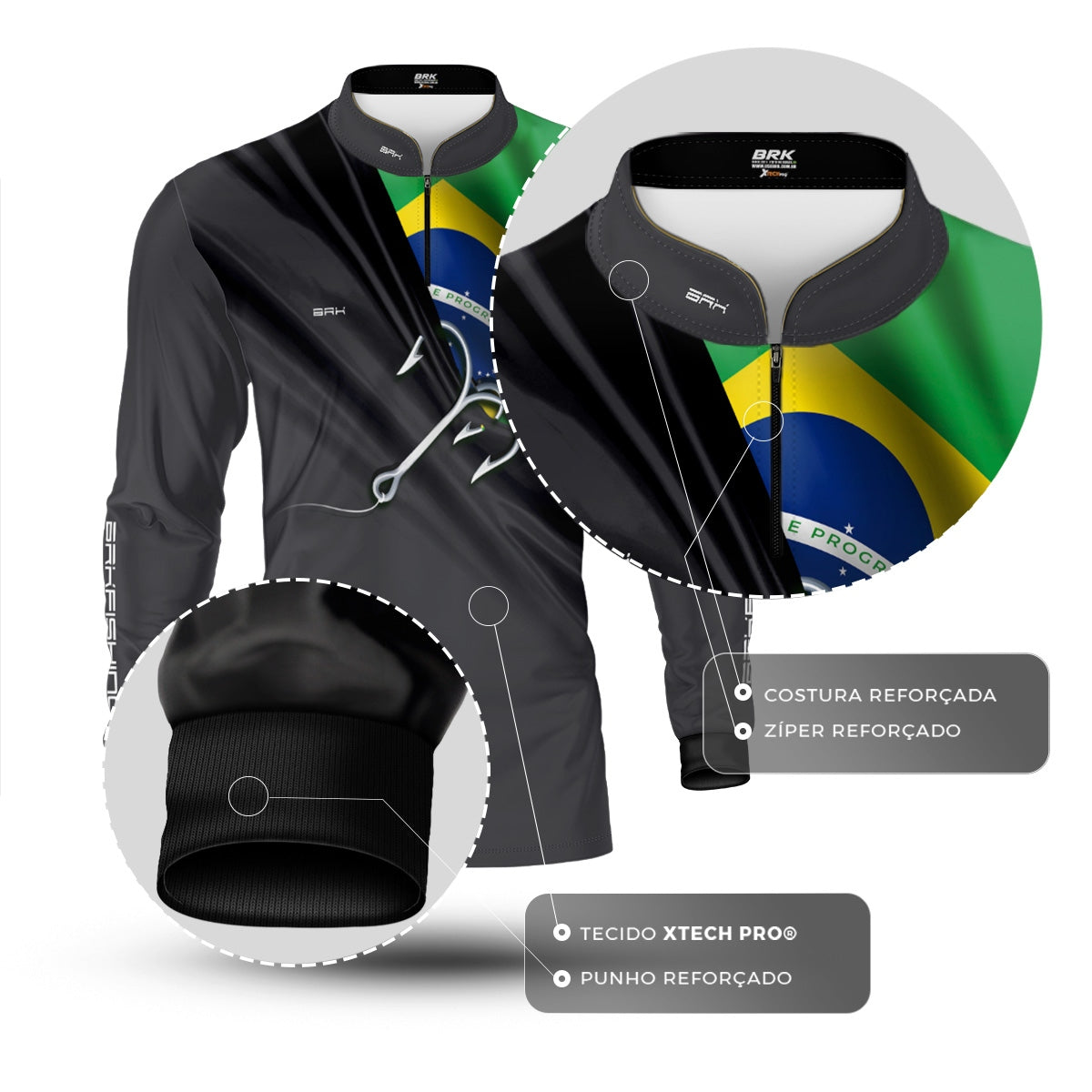 Camisa de Pesca Brk Cinza Bandeira do Brasil Garateia com Proteção UV50+ - Brk Agro