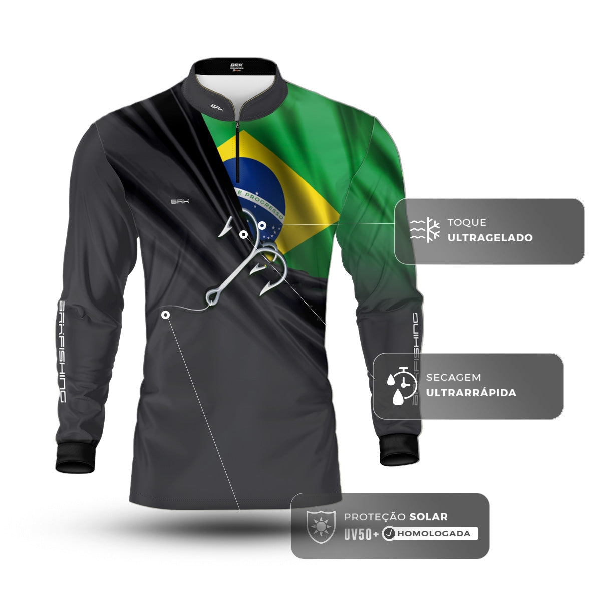 Camisa de Pesca Brk Cinza Bandeira do Brasil Garateia com Proteção UV50+ - Brk Agro