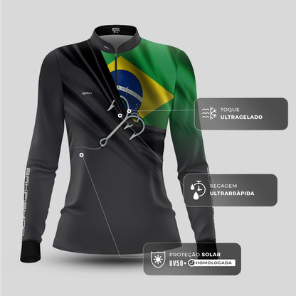 Camisa de Pesca Feminina Brk Cinza Bandeira do Brasil Garateia com Proteção UV50+ - Brk Agro