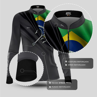 Camisa de Pesca Feminina Brk Cinza Bandeira do Brasil Garateia com Proteção UV50+ - Brk Agro