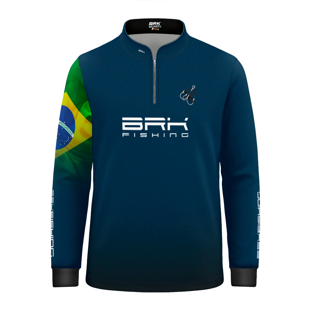Camisa de Pesca Infantil Brk Azul Bandeira do Brasil Garateia com Proteção UV50+ - Brk Agro
