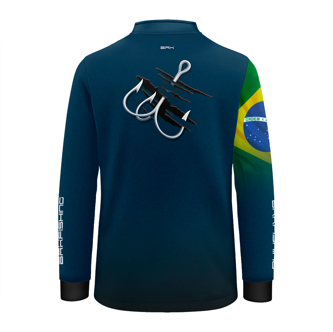 Camisa de Pesca Infantil Brk Azul Bandeira do Brasil Garateia com Proteção UV50+ - Brk Agro