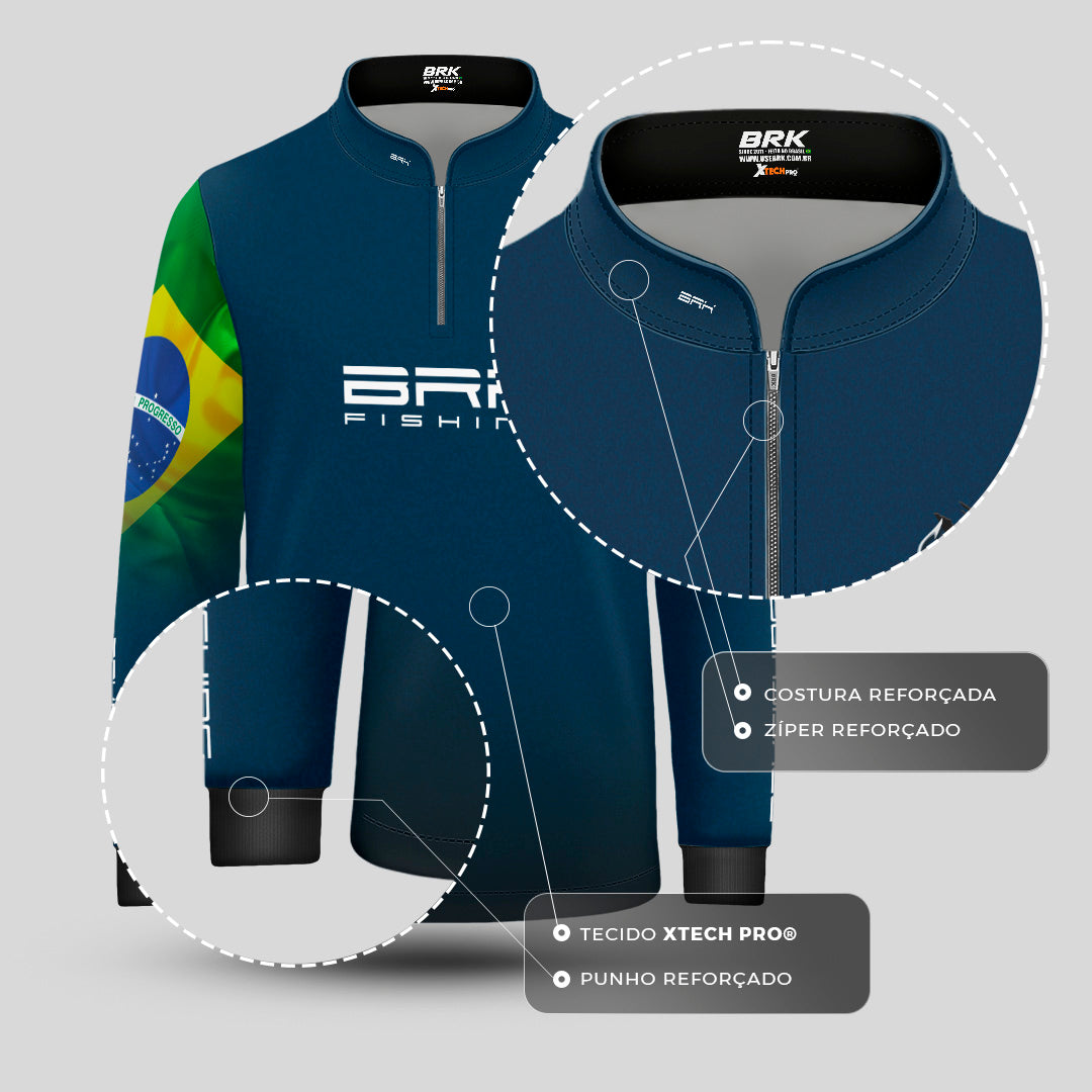 Camisa de Pesca Infantil Brk Azul Bandeira do Brasil Garateia com Proteção UV50+ - Brk Agro