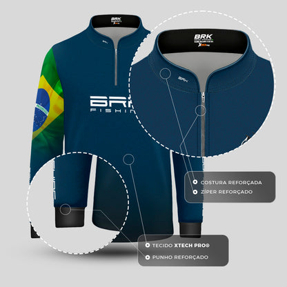 Camisa de Pesca Infantil Brk Azul Bandeira do Brasil Garateia com Proteção UV50+ - Brk Agro