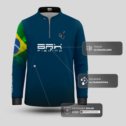 Camisa de Pesca Infantil Brk Azul Bandeira do Brasil Garateia com Proteção UV50+ - Brk Agro
