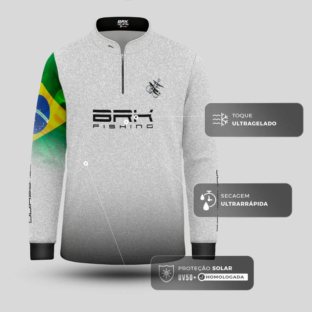 Camisa de Pesca Infantil Brk Branca Bandeira do Brasil Garateia com Proteção UV50+ - Brk Agro
