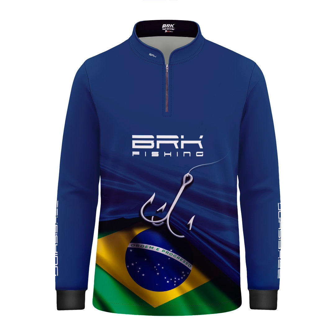 Camisa de Pesca Infantil Brk Azul Bandeira do Brasil Garateia com Proteção UV50+ - Brk Agro