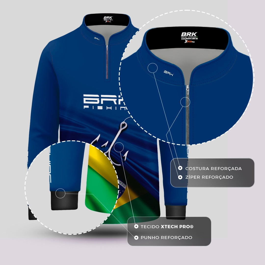 Camisa de Pesca Infantil Brk Azul Bandeira do Brasil Garateia com Proteção UV50+ - Brk Agro