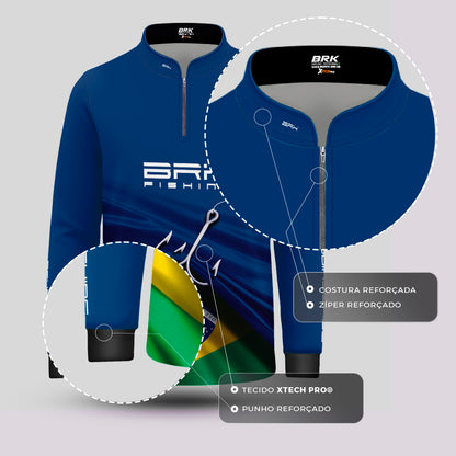 Camisa de Pesca Infantil Brk Azul Bandeira do Brasil Garateia com Proteção UV50+ - Brk Agro