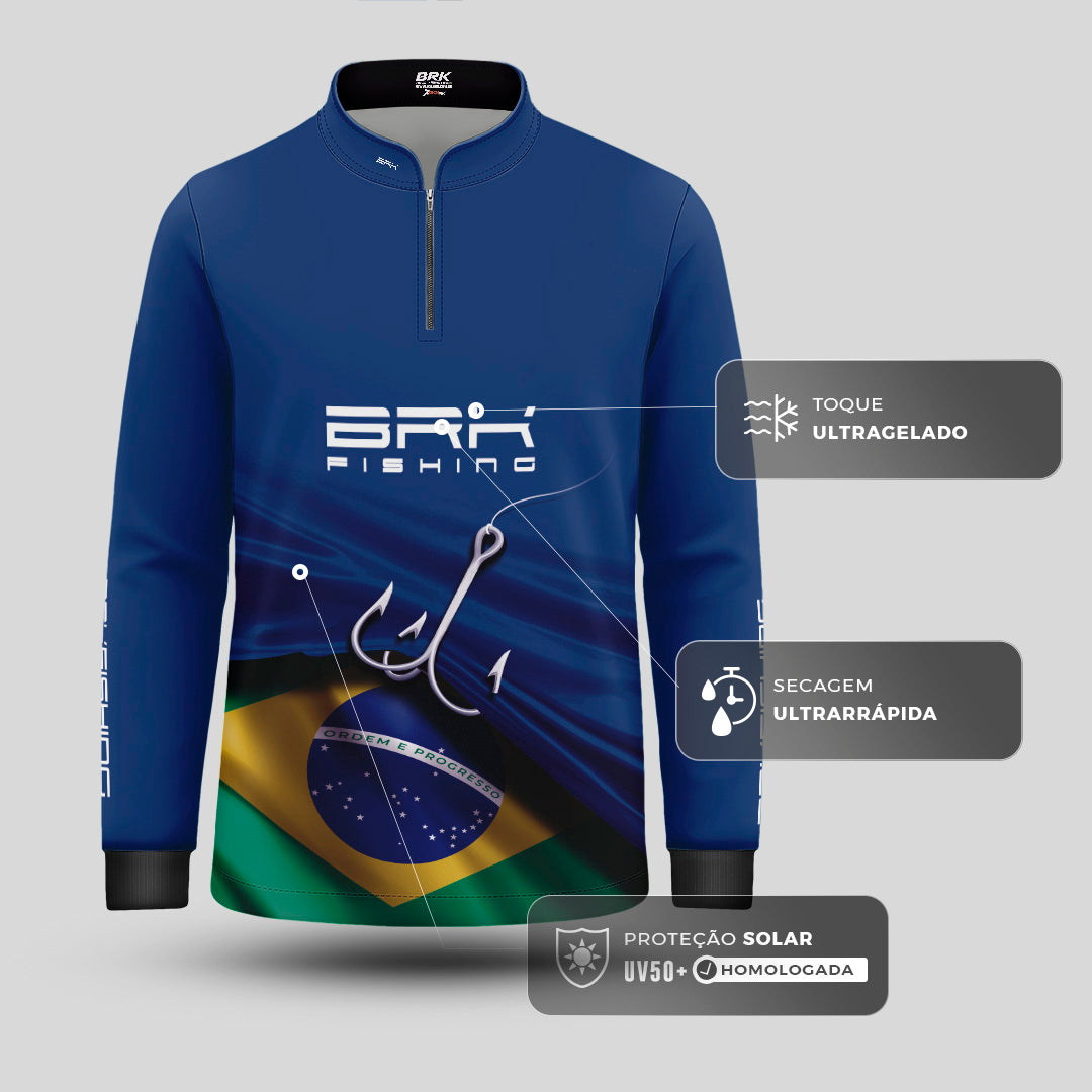 Camisa de Pesca Infantil Brk Azul Bandeira do Brasil Garateia com Proteção UV50+ - Brk Agro