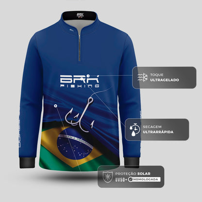 Camisa de Pesca Infantil Brk Azul Bandeira do Brasil Garateia com Proteção UV50+ - Brk Agro
