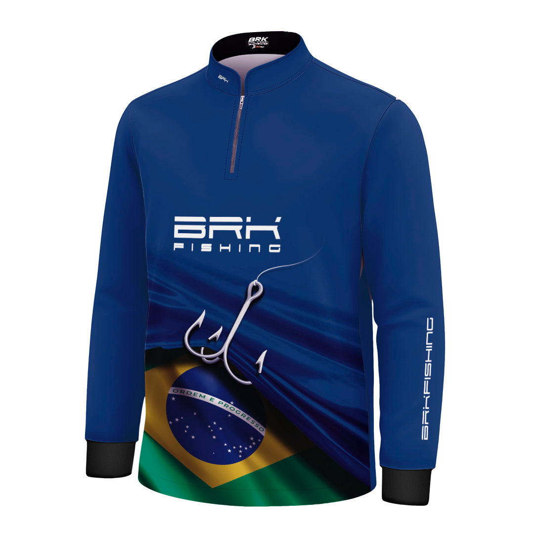 Camisa de Pesca Infantil Brk Azul Bandeira do Brasil Garateia com Proteção UV50+ - Brk Agro