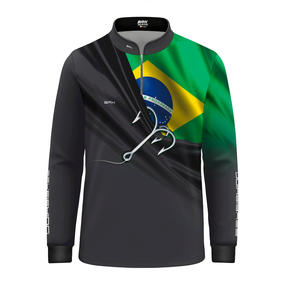 Camisa de Pesca Infantil Brk Cinza Bandeira do Brasil Garateia com Proteção UV50+ - Brk Agro