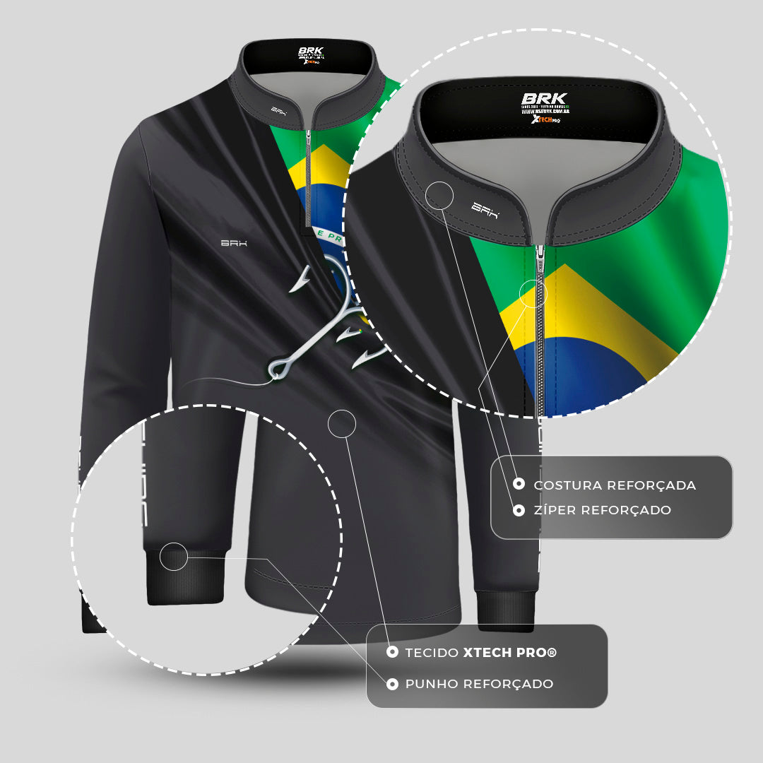 Camisa de Pesca Infantil Brk Cinza Bandeira do Brasil Garateia com Proteção UV50+ - Brk Agro