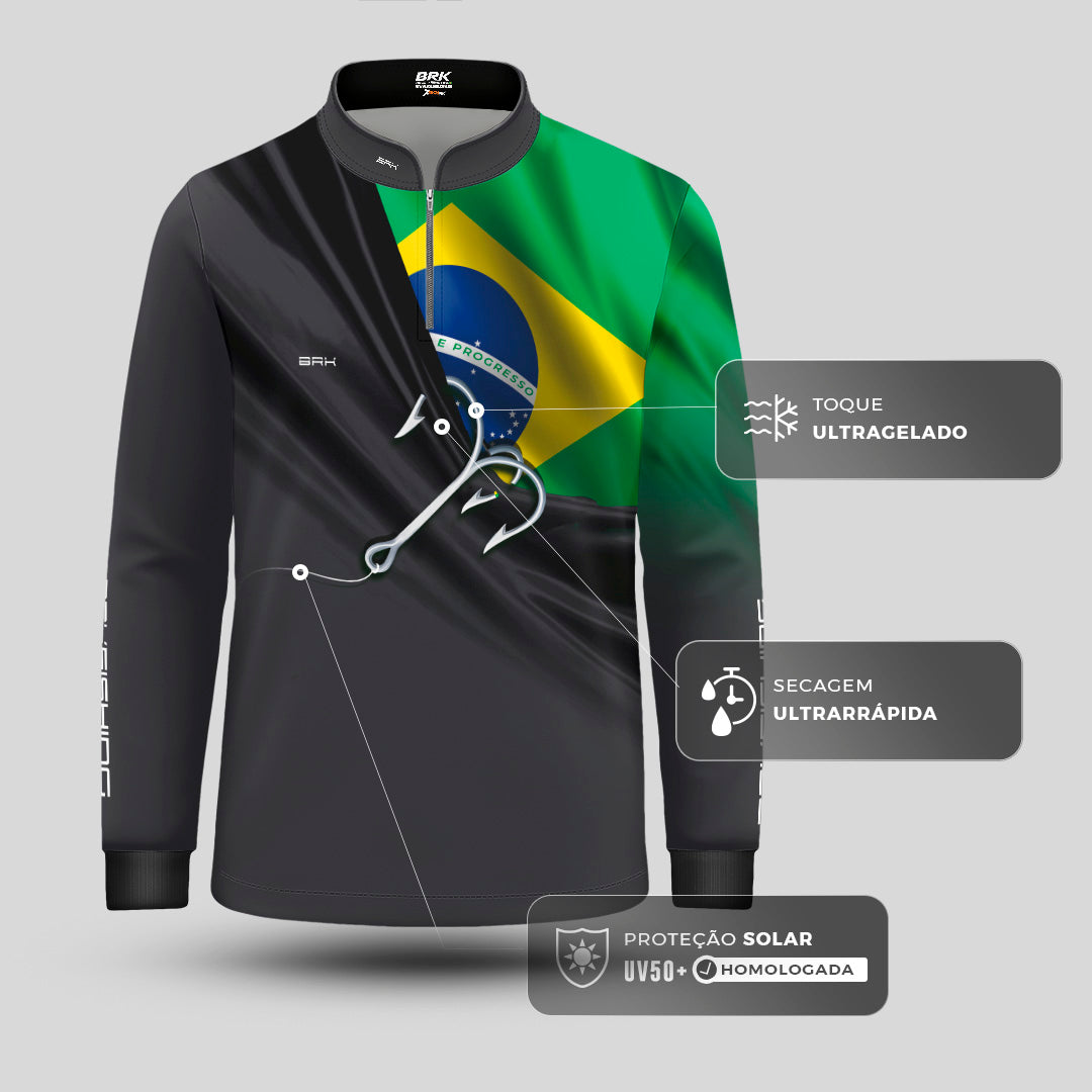 Camisa de Pesca Infantil Brk Cinza Bandeira do Brasil Garateia com Proteção UV50+ - Brk Agro