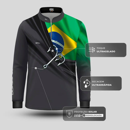 Camisa de Pesca Infantil Brk Cinza Bandeira do Brasil Garateia com Proteção UV50+ - Brk Agro