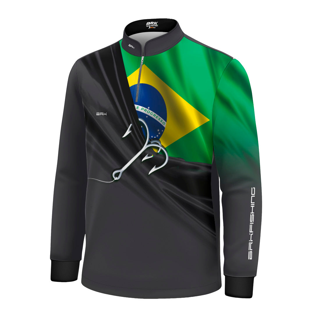 Camisa de Pesca Infantil Brk Cinza Bandeira do Brasil Garateia com Proteção UV50+ - Brk Agro