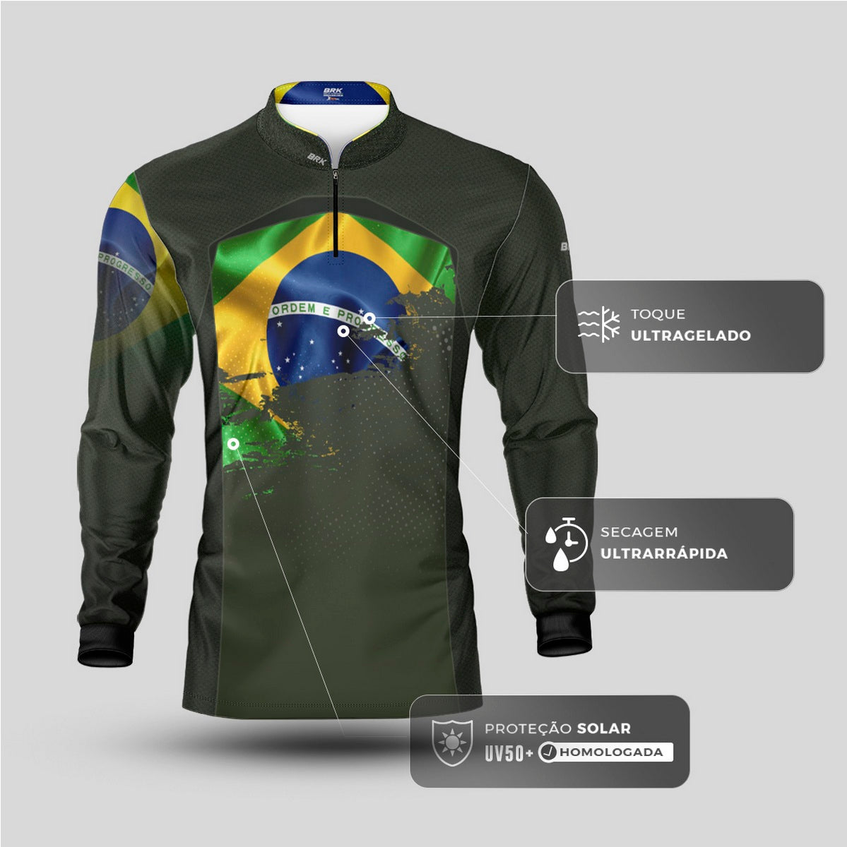 Camisa Agro Brk Brasil Verde Oliva com Proteção Solar UV50+ - Brk Agro