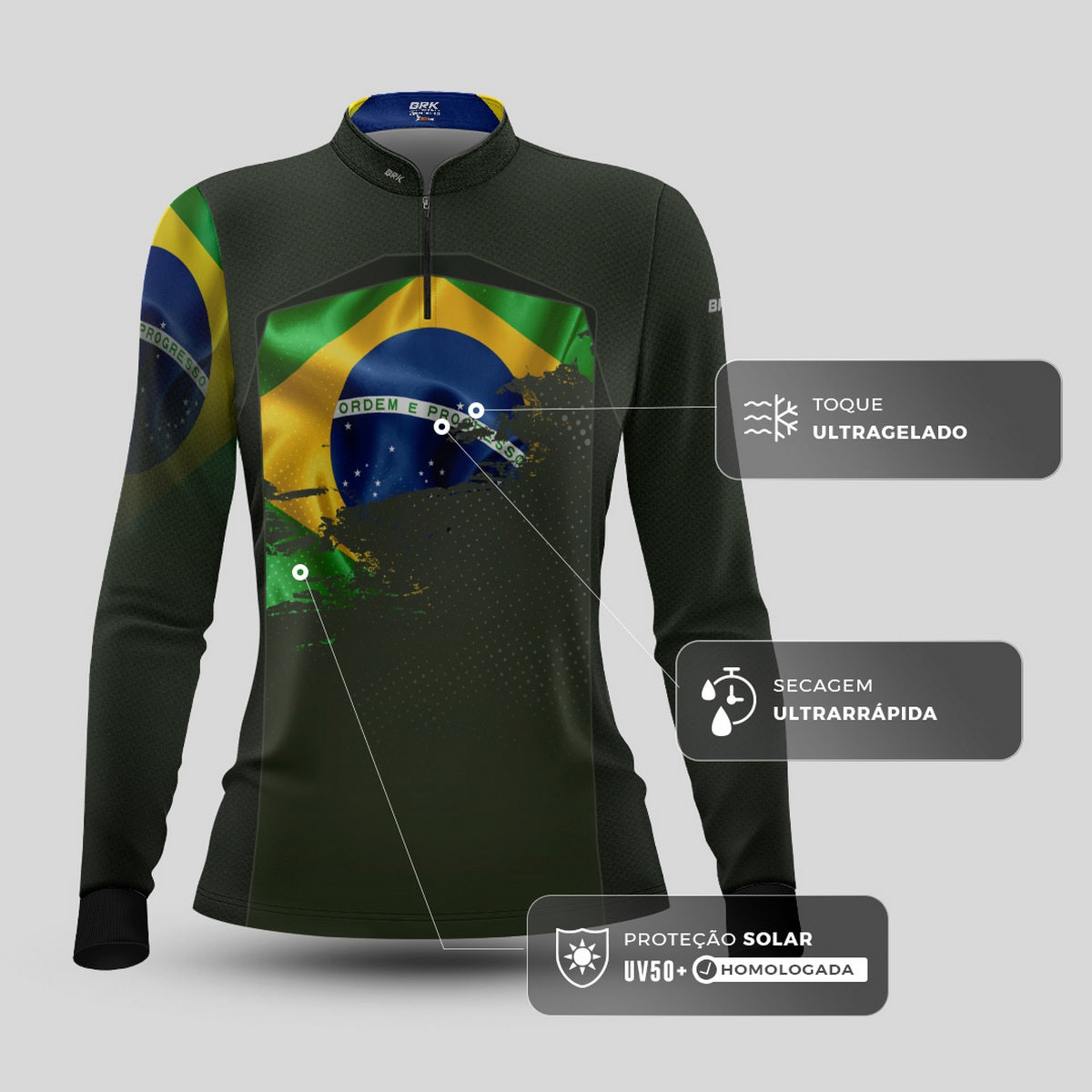 Camisa Agro Feminina Brk Brasil Verde Oliva com Proteção Solar UV50+ - Brk Agro