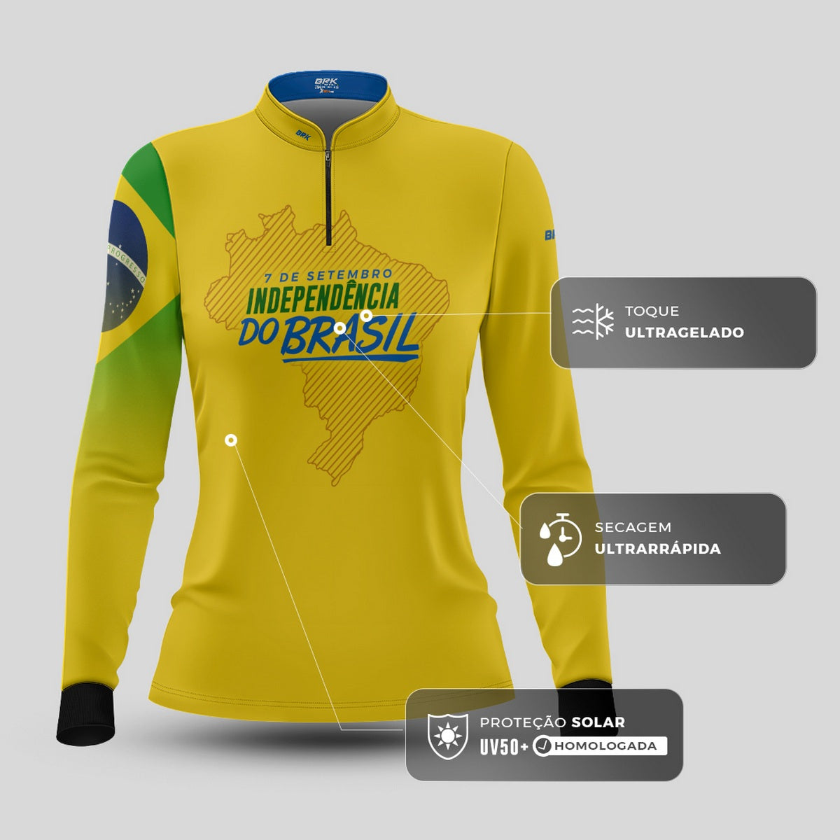 Camisa Agro Feminina Brk Independência Brasil Amarelo com Proteção Solar UV50+ - Brk Agro