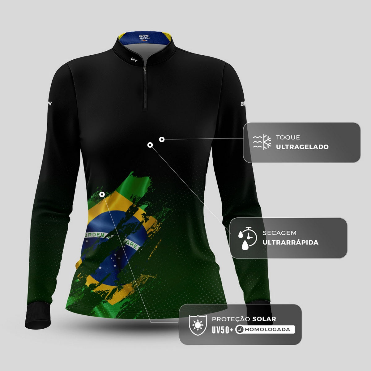 Camisa Agro Feminina Brk Bandeira Brasil Lateral com Proteção Solar UV50+ - Brk Agro