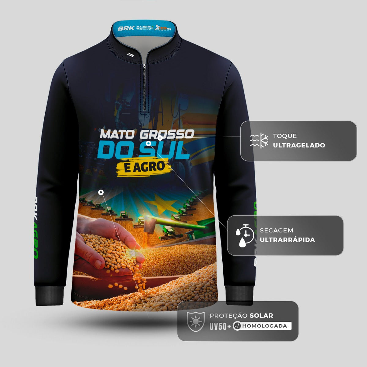 Camisa Agro Brk Mato Grosso do Sul é Agro Soja Azul com Proteção Solar UV50+ - Brk Agro