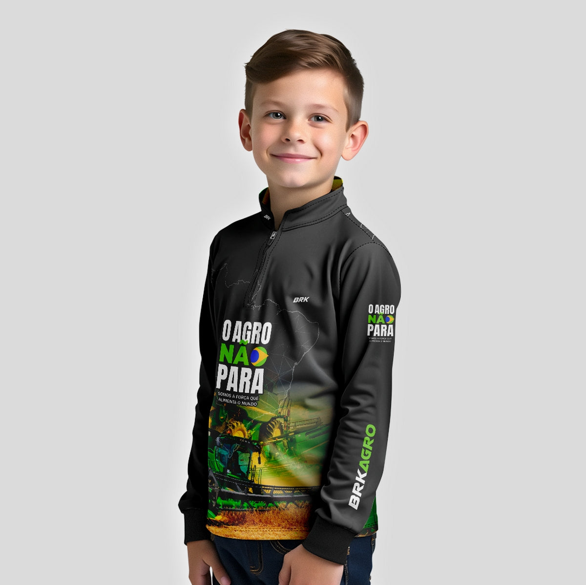 Camisa Infantil Agro Brk O Agro Não Para Trator Verde com UV50+ - Brk Agro