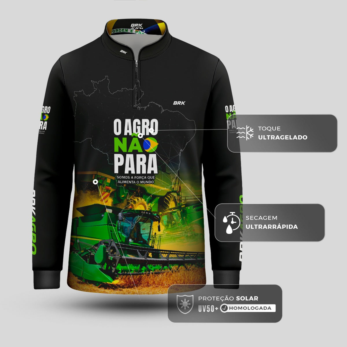 Camisa Infantil Agro Brk O Agro Não Para Trator Verde com UV50+ - Brk Agro