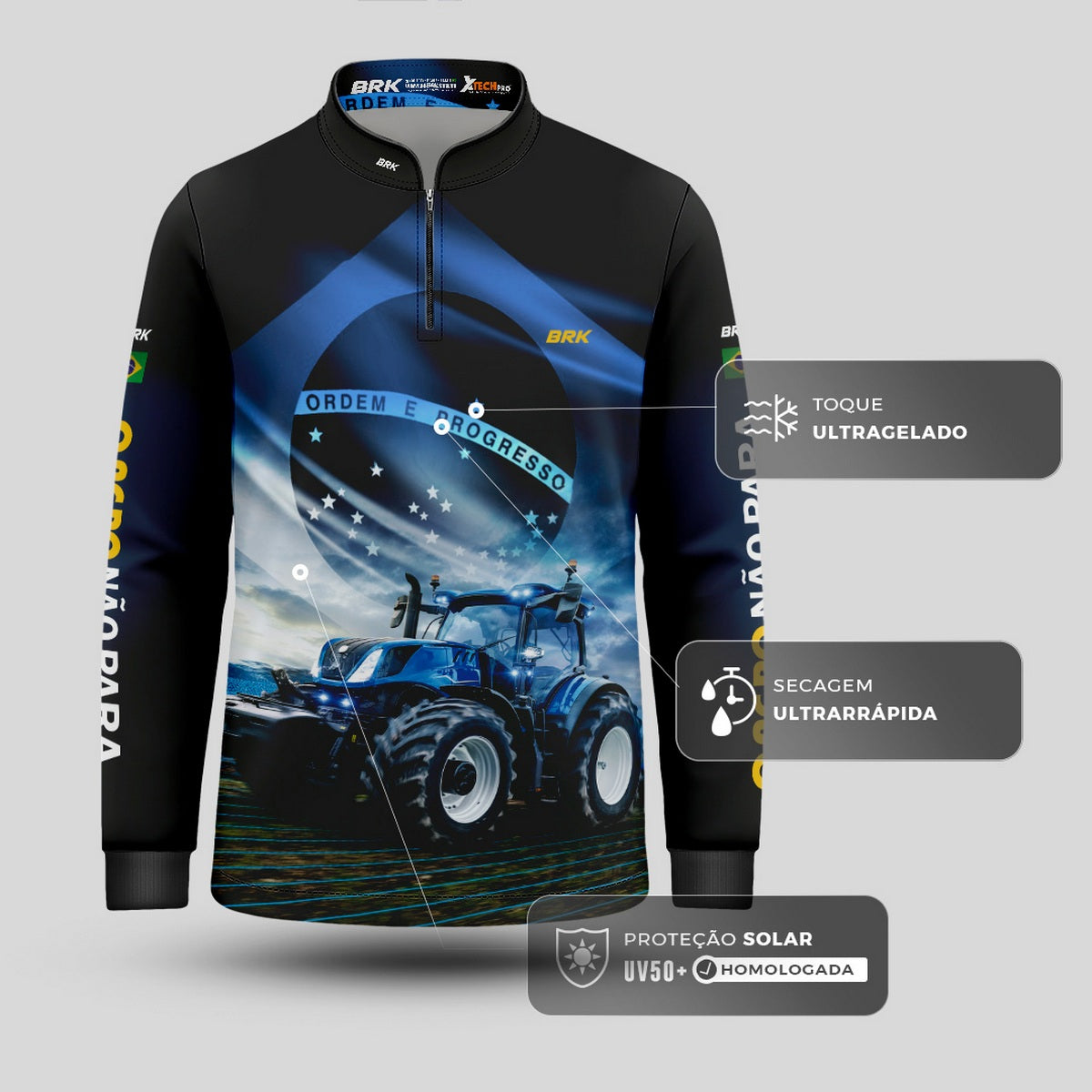 Camisa Agro Infantil Brk O Agro Não Para Azul Proteção Solar UV50+ - Brk Agro