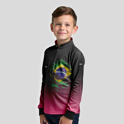 Camisa Infantil Agro Brk Camuflado Preto e Rosa Bandeira do Brasil com Proteção Solar UV50+