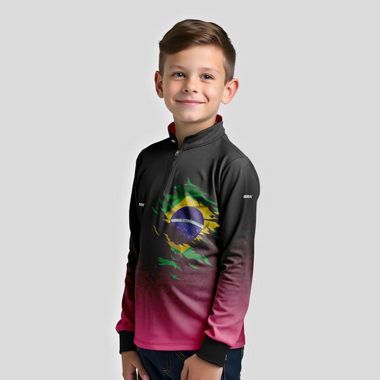 Camisa Infantil Agro Brk Camuflado Preto e Rosa Bandeira do Brasil com Proteção Solar UV50+