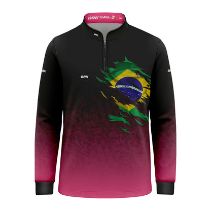 Camisa Infantil Agro Brk Camuflado Preto e Rosa Bandeira do Brasil com Proteção Solar UV50+