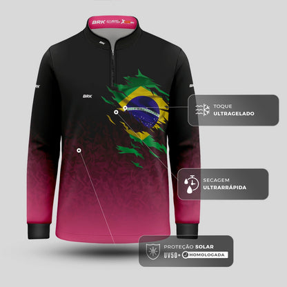 Camisa Infantil Agro Brk Camuflado Preto e Rosa Bandeira do Brasil com Proteção Solar UV50+