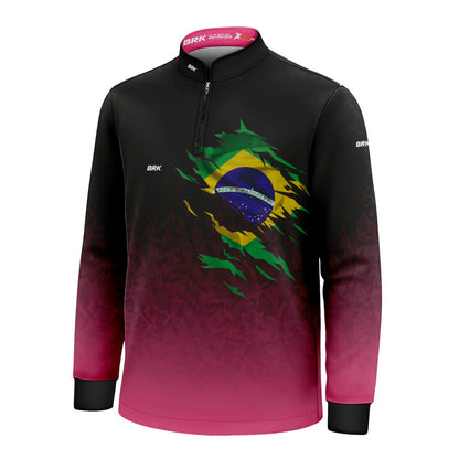Camisa Infantil Agro Brk Camuflado Preto e Rosa Bandeira do Brasil com Proteção Solar UV50+