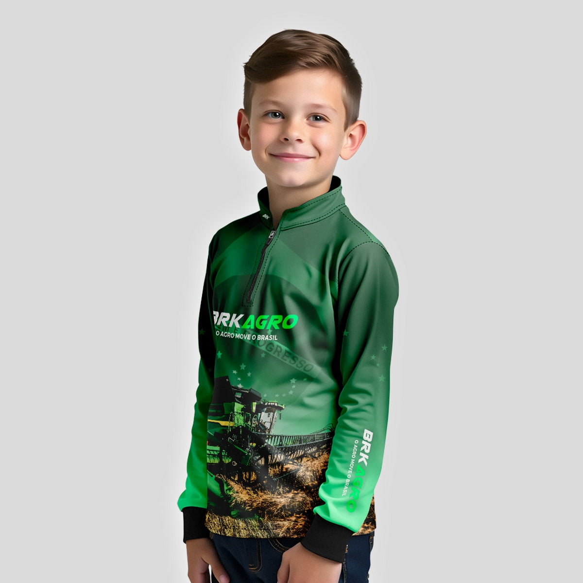 Camisa Infantil Agro Brk O Agro Move o Brasil Colheitadeira com Proteção Solar UV50+ - Brk Agro