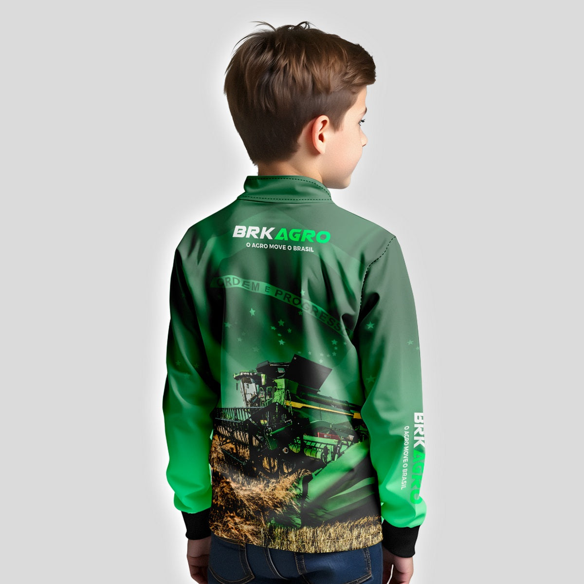 Camisa Infantil Agro Brk O Agro Move o Brasil Colheitadeira com Proteção Solar UV50+ - Brk Agro