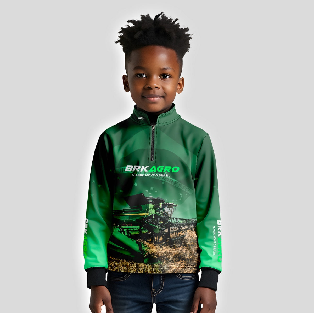 Camisa Infantil Agro Brk O Agro Move o Brasil Colheitadeira com Proteção Solar UV50+ - Brk Agro